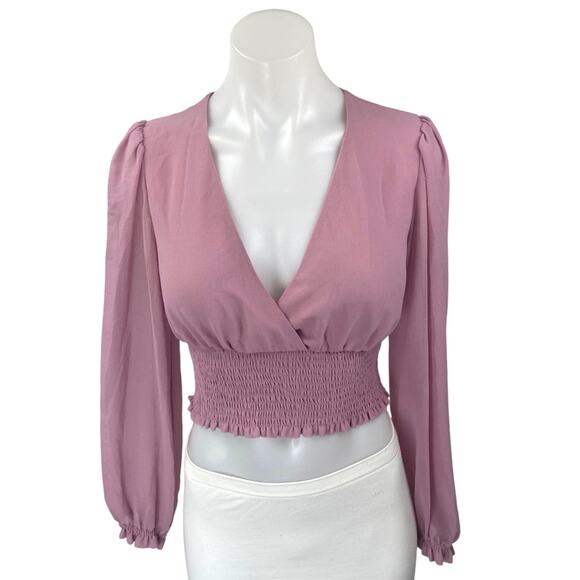 Aritzia Wilfred Pink Long Balloon Sleeve Deep V Neck Smocked Blouse Crop Top XS - Picture 1 of 4